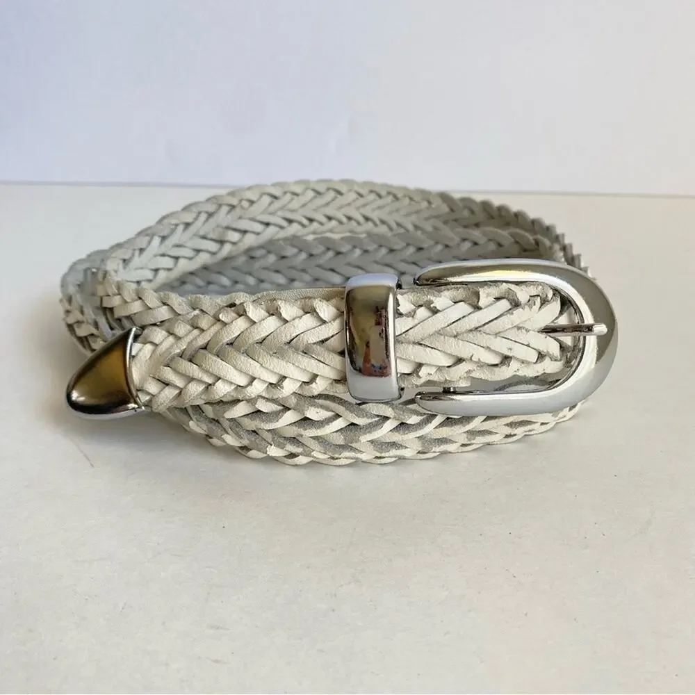Vintage White Woven Leather Belt Braided Silver Tone Buckle Medium Large 90s Y2K